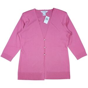 Misook Knit Cardigan Sweater Womens‎ S Pink Pearl Button Scallop V Neck Spring